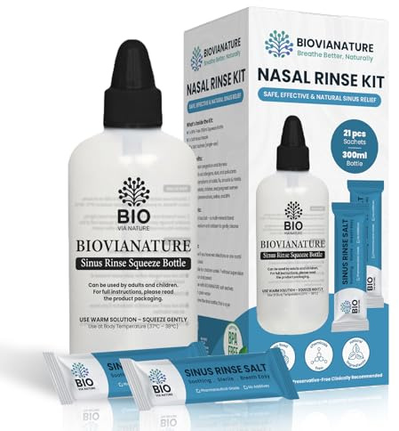 Nasal Rinse Kit – 250ml Squeeze Bottle + 21 Saline Packets – Neti Pot for Sinus Relief & Nasal Hygiene – PH Balanced, Drug-Free, Preservative-Free – Suitable for Adults & Children