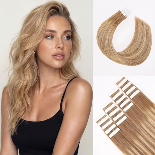 BLONDE UNICORN Tape Extensions Echthaar 20pcs Extensions Echthaar 45cm Hellbraun mit Goldblond Echthaar Extensions Tape 50g Invisible Tape in Extensions Echthaar Skin Weft Tape (18inch,10/10/22#)