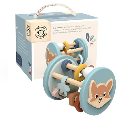 Speedy Monkey Fox Roller Rassel Baby Spielzeug | Holztier sensorisches Rollspielzeug für Säuglinge | Entwicklungsrassel für Krabbeln & Motorik | Frühes Lernspiel für Babys & Neugeborene 6M+