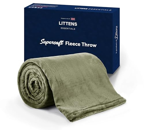Littens Essentials Olive Green Single Bed Flannel Fleece Throw Blanket Soft Cosy Fluffy Warm Lightweight Thermal Winter 120cm x 150cm
