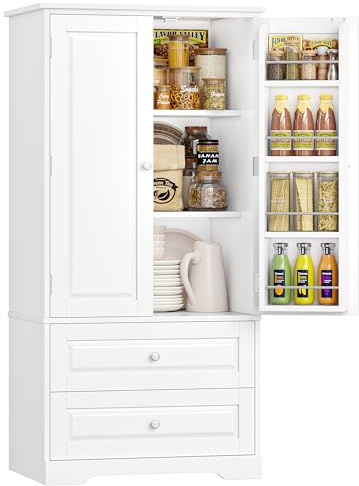 FOREHILL Küchenschrank Vorratsschrank mit 2 Schubladen und 8 Türregalen | Buffetschrank Mehrzweckschrank mit 2 Türen, für Küche, Esszimmer, Badezimmer und Wohnzimmer, 60 x 40 x 120 cm, Weiß