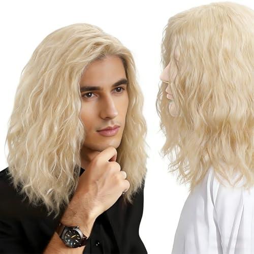 Mens Blonde Wig Mid Length Curly Hair,Wigs For Men Shoulder Length Wavy Mens Wigs, Handsome Cosplay Wig For 70s 80s Fancy Dress Daily Costume Party Halloween (Blonde)