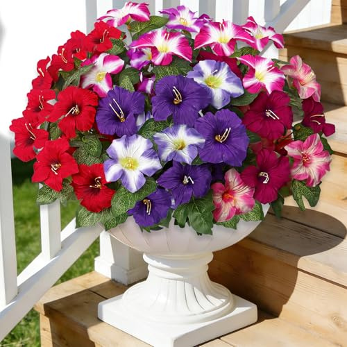 ASTNIC Lot de 4 Fleurs Artificielles Extérieures et Plante Artificielle pour Jardin, 52 cm Pétunias Résistant aux UV Bouquet de Fleurs pour Vase,Jardiniere Exterieur Grande Taille, Décoration Ramadan