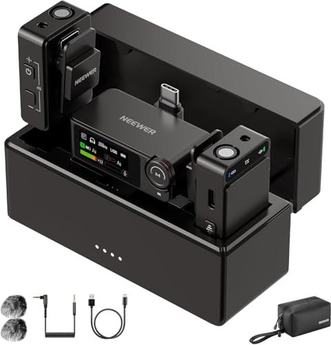 NEEWER CM36 Wireless Lavalier Microphone with Charging Case, App Control, AI Noise Cancellation, 48KHz/24bit, 85dB SNR, 54H Battery, 328ft Range, Mini Lav Mic for iPhone Android Phone Vlog Camera PC