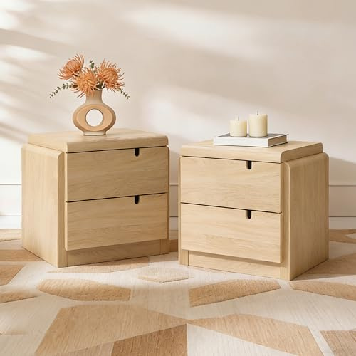 Hometopia Nachttisch 2er Set mit 2 Schubladen, Moderner Beistelltisch in Eichenoptik mit abgerundeten Kanten, Bedside Table für Schlafzimmer & Wohnzimmer, 55 × 40 × 53 cm