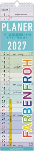 Planer Farbenfroh 2027: Streifenplaner 11,3x49,5 cm mit Schulferien, Feiertagen & Notizfeld, ideal für Küche, Büro & Homeoffice