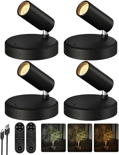 EZVALO Kabellose Spotlight mit 5500mAh Akku, LED Spot Akku Wandstrahler | 5500mAh Akku, Fernbedienung & Timer, 3 Farbtemperaturen, Dimmbar, 350° Drehbar, Magnetisch, Bilder & Pflanzen [4er Set]