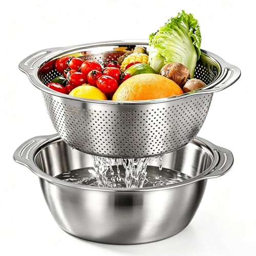 Colador de acero inoxidable, juego de colador de cocina, 27 cm, con asas, colador de pasta de acero inoxidable, colador de metal, colador de arroz, cuenco para lavar frutas, verduras, lavavajillas