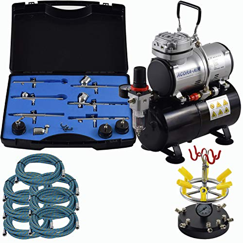 Agora-Tec® Airbrush Komplett-Set PROFI XXIV.2, Komplettsystem für Airbrushanwendungen, inkl. Kompressor mit 4 bar und 20l/min und 3 Liter Tank + 6 Airbrushpistolen mit 6 versch. Nadeln/Düsen + 8-fach Pistolenhalter + 7 Schläuche