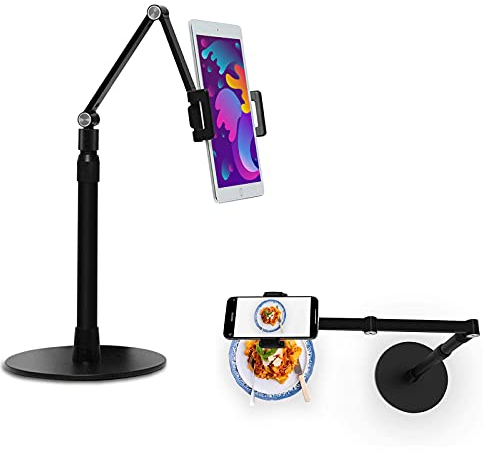 Phone Tablet Overhead Stand - Aluminum Tablet Stand Holder - Camera Mount, Adjustable Height, 360 Degree Rotation - Compatible with 3.5-11 Devices Such as iPhone/iPad/iPad Pro - 3-Angle Tilt