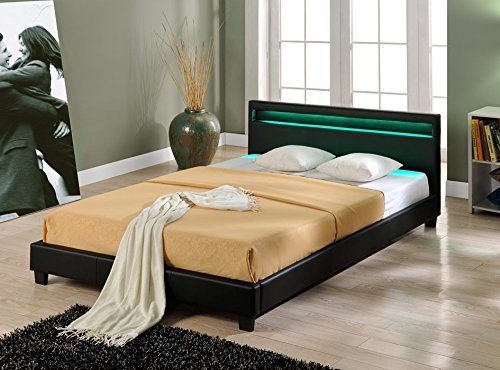 Corium LED Polsterbett Paris Bettgestell mit LED Beleuchtung Doppelbett aus Kunstleder Lattenrost & gepolstertes Kopfteil Ehebett 140x200cm Schwarz