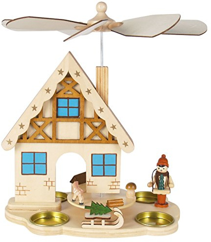Weihnachts-Pyramide Stall und Schlitten, H: 24 cm, Natur, handbemalt im Kunsthandwerks-Stil