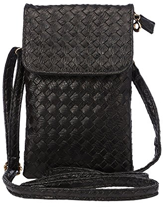 Leuchtbox Handy Umhängetasche Schultertasche Kosmetiktasche Handytasche für Damen Schicke Weboptik Smartphones bis 5,5 Zoll 2 Innentaschen (Schwarz)