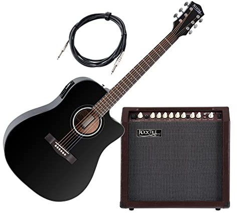 Rocktile D-60CE Songwriter Pro Set - Westerngitarre mit Tonabnehmer und Mikrofon - schwarz - 2-Kanal Akustikverstärker mit 30 Watt - Kabel