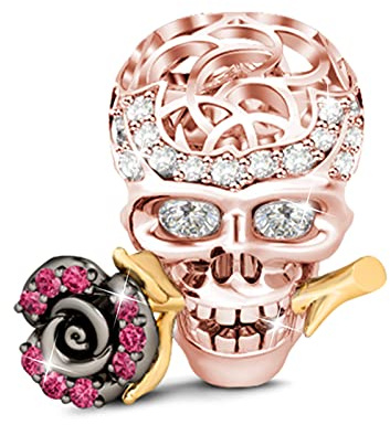 GNOCE Schädel Liebe Rose Charm Anhänger 925 Sterling Silber Perlen Charms mit weißen und Rosen Zirkonia für Armbänder Halsketten