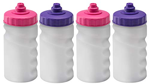 Foxberry 300ml Children's Small Refillable Water Bottles - 4 Pack - Hands Free Lid - Leakproof Spout - BPA Free - Blank For DIY Branding and Decoration - Dishwasher Safe - (Pink Purple Lids)