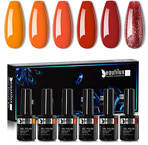 Beautilux UV Nagellack Rot Orange, 6 Farben 10ml Soak Off Gel Nagellack Set für Home-Maniküre Nail Art Maniküre (Rot Orange Serie)