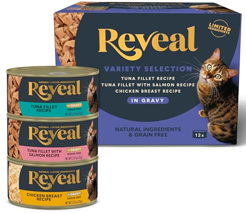 Reveal Natural Wet Canned Cat Food, Limited and Natural Ingredients, Grain Free, High Protein with No Artificial Additives, Fish and Chicken Variety in Gravy, (12 x 2.47 oz Cans)