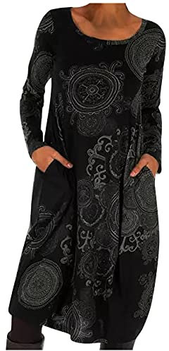 Women Dresses Sale Casual O-Neck Hedging Print Ethnic Style Long Skirt Long Sleeve Loose Dress UK Size Party Elgant Dresses Clearance Work Dress Office Dressing Gray
