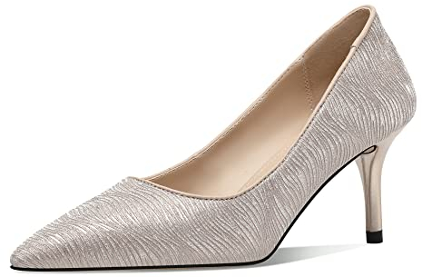 CosyFever DC65 Scarpe col Tacco Rocchetto Basso Vestito alla Moda Punta Sfilata Scivolare su Donne Oro - 35.5 EU