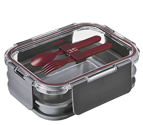 Westmark Lunch Box, Füllvolumen: 1740 ml, Zwei Etagen, Mit Besteck, 4 sichere Klick-Verschlüsse, Glas/Silikon/Kunststoff, Comfort, Transparent/Anthrazit/Rot, 236022EA