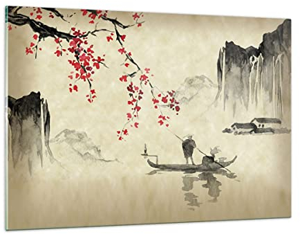 Wandbilder Dekoration Wohnzimmer Blume Kirschen Japan Bilder auf Glas 120x80cm Glasbild Schlafzimmer Küche Deko Wand Kunstdruck Art Groß XXL Wanddeko Bild im Glas Modern Wall Decor GAA120x80-5020