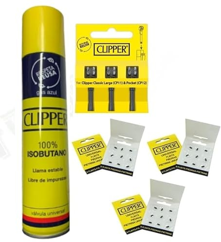 Clipper Gas Gelb White Pure 100ml 250ml 300ml 1er/2er/6erSet Isobutane Universal Flintsystem Feuersteine (7, Gas250ml/3Flints/3Feuerstein)