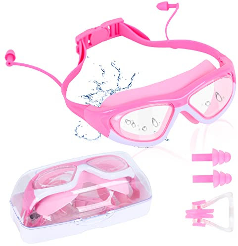 Jodsen Gafas de Natación,Gafas para Nadar antivaho para niños, gafas de natación con tapones para los oídos,clip para la nariz,Protección UV Gafas de Buceo para niños y niñas