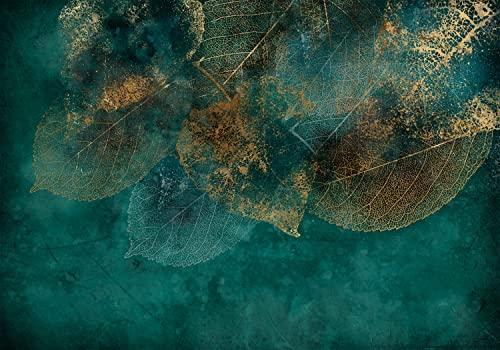 decomonkey Fototapete selbstklebend Pflanzen Abstrakt 392x280 cm XXL Selbstklebende Tapeten Wand Fototapeten Tapete Wandtapete klebend Klebefolie Deko Modern Laub Blau Steinwand Türkis Betonoptik