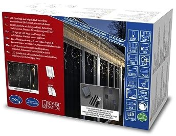 Konstsmide LED Solar Eisregen Lichtervorhang, fernbedienbar, 200 bernsteinfarbene Dioden, Außen, weißes Kabel, 2 x Lithium-Akku / 1 x CR2025 (inkl.) - 2777-802SP