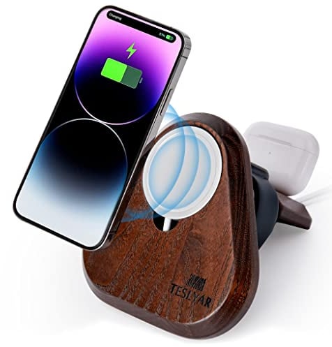 TESLYAR Wood Cell Phone Charger Station 3 in 1 for Apple Devices | Compatible with magnetic wireless charger for iPhones 12, 13, 14 | IWatch, AirPods | Portable Wood Holder | Chargers not Included