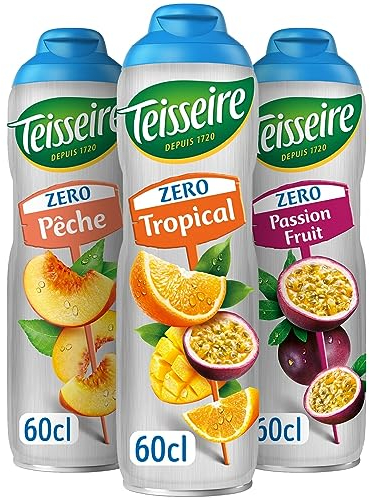 Lot de 3 sirops Teisseire Zéro Sucres (Tropical, Pêche, Fruit de la Passion) pour Boisson Rafraîchissante, Cocktails, Bidon Recyclable 3x60cl