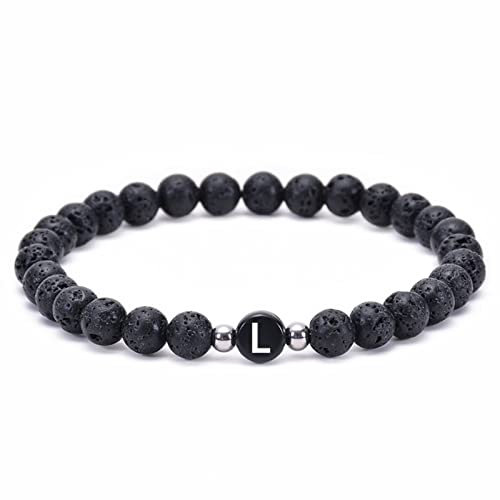 Whoiy Lava Armband Herren, Armband Schwarz Elegant Legierung Elastische Perlen mit Buchstabe L Geburtstagsgeschenk Perlenarmband 17cmx6mm