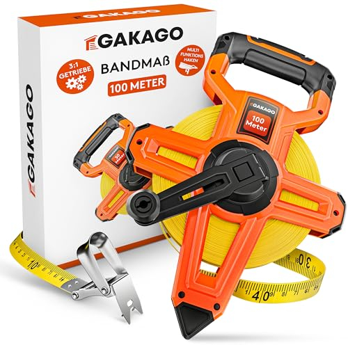 Gakago Mètre ruban 100m - Mètre enrouleur à 3 démultiplications avec levier pliable - Poignée ergonomique et antidérapante du mètre, Rouleau de mètre ruban avec pointe de marquage des points de mesure