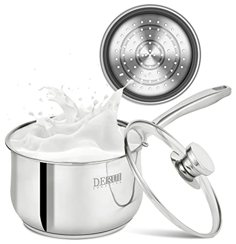 DERUI CREATION Stainless Steel Saucepan 18cm | 2.5 Quart with Steamer Basket and Glass Lid Milk Pan Steamer Pot Soup Pot Small Pot Induction Safe