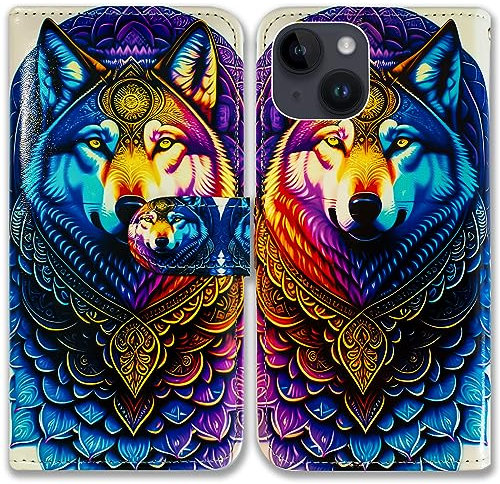 Bcov iPhone 15 Case,Floral Wolf Mandala Leather Flip Phone Case Wallet Cover with Card Slot Holder Kickstand for iPhone 15