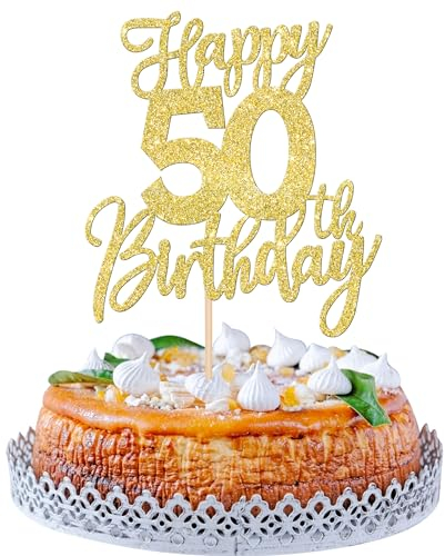 SYKYCTCY 1 Pack Happy 50th Birthday Cake Topper Gold Glitter Cheers to 50 Years Birthday Cake Pick 50 Fabulous Cake Decoration for Happy Birthday Theme Anniversary Party Supplies
