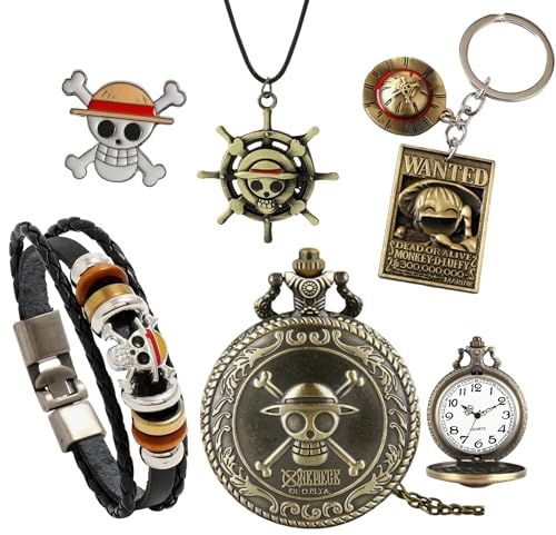 P zee PUNZEE ET VOUS NOUS DIREZ MERCI Accessoires One Piece Manga - Montre à Gousset, Bracelet, Porte-Clés, Collier, Badge Pin - Accessoire Luffy, Chapeau de Paille - Cadeau