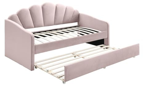 Vente-unique - Lit gigogne Coquillage 2 x 90 x 190 cm - Velours - Rose - ELUSIA - pour Enfant