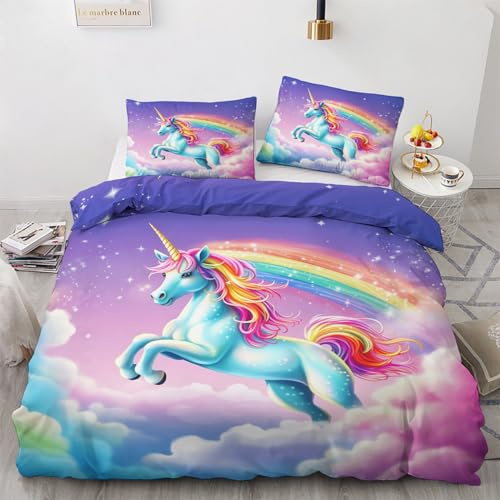 Einhorn Kinder Bettwäsche 140x200 Winter - Mädchen Regenbogen Bettbezug 140x200 2er Set, Wendebettwäsche und Kissenbezug 70x90, Weiche & Angenehme Mikrofaser Bettwäsche-sets mit Reißverschluss