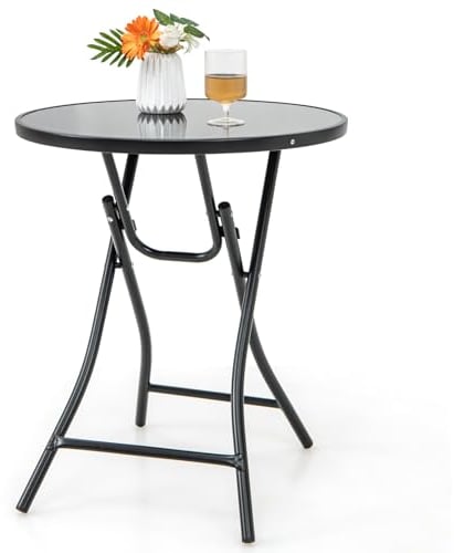 GOPLUS Beistelltisch rund, Ø59cm Gartentisch klappbar aus Metall und gehärtetem Glas, Balkontisch klein wetterfest, Bistrotisch Kaffeetisch Terrassentisch, Esstisch Outdoor für Balkon Garten Terrasse