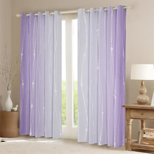 Lilac Purple and Grey Watercolor Curtains 66Wx72L, Wave Lines and Dots Blackout Curtains, Gradient Curtains & Drapes Aesthetic Abstract Bedroom Curtains, Modern Geometry Stripe Window Treatments