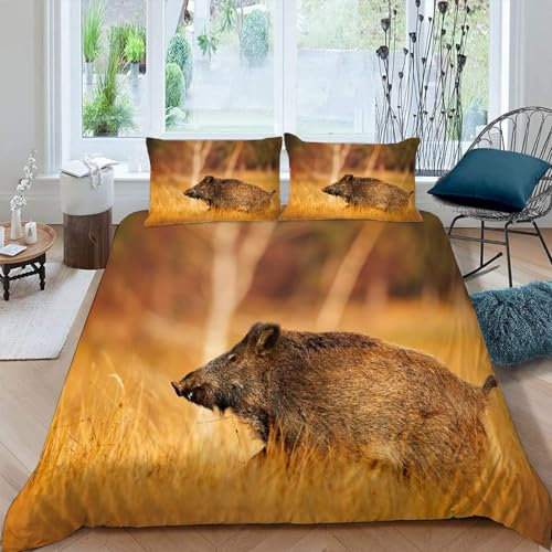 VIMOOR Kinderbettwäsche 135x200 Wildschwein Braun Mikrofaser Bettwäsche-Sets 3teilig Waldtiere Jungen Mädchen 3D Atmungsaktive Bügelfrei Bettbezug mit Reißverschluss und 2 Kissenbezüge 80x80 Winter