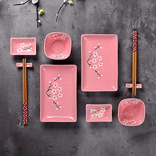 VNNHGB Set di Sushi in Porcellana Rosa Stile Giapponese con 2 Piatti di Sushi, Ciotole, Piatti per Immersione, Bastoncini di bambù, Set di Stand, Confezione Regalo