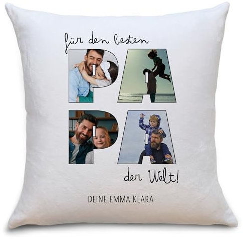 OWLBOOK® Vatertagsgeschenk für Papa - Kissen mit Foto Bedrucken Lassen - Fotokissen mit 4 Fotos & Text selbst gestalten - Foto Kissen 40x40 cm - Personalisierte Foto Geschenke für Papa