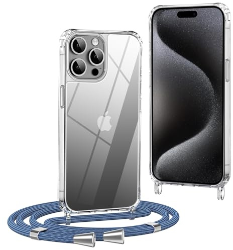 OLEPHY Handykette kompatibel mit iPhone 15 Pro Max Hülle mit Band (6,7 Zoll), Handyhülle mit Verstellbarem und Demontage Umhängeband, Transparent Stoßfeste Schutzhülle zum Umhängen Kordel, Blau