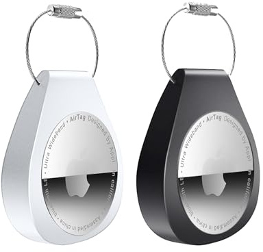 Idoove AirTag-Halter mit Schlüsselanhänger, sichere Airtag-Schloss-Hülle mit Drahtkabel, kompatibel mit Apple AirTags für Schlüssel, Gepäck, Hundehalsband, Rucksack und mehr, Schwarz, Weiß, 2 Stück