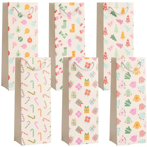 THE TWIDDLERS - 6 Christmas Wine Bags with Sturdy Rope Handles in Assorted Festive Xmas Designs, Gift Bottle Bags, 1 of Each Design, Festive Xmas Wine Bottle Bag - 35cm x 13cm