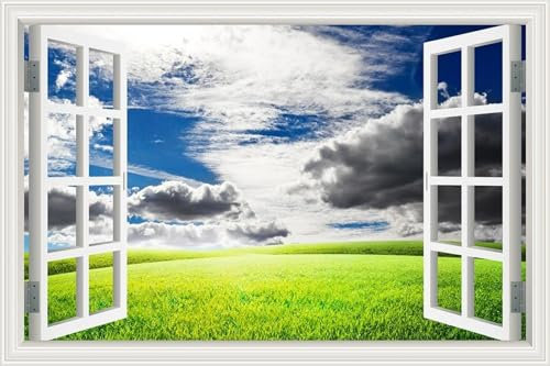 3D-Wandaufkleber, Himmel, Wolken, Grasland, Landschaft, 200 x 150 cm, Fensterbild, Wandaufkleber für Badezimmer, Schlafzimmer, Wohnzimmer, Kinderzimmer, Dekoration