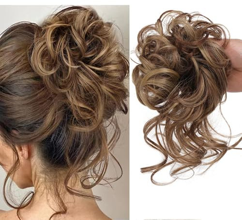 Große Dutt Haarteil Haargummi Mit Haaren Hochsteckfrisuren, Gelockt Messy Bun Haarteil mit Gummiband für Frauen Mädchen (12/24 braun Mix Hellbraun)